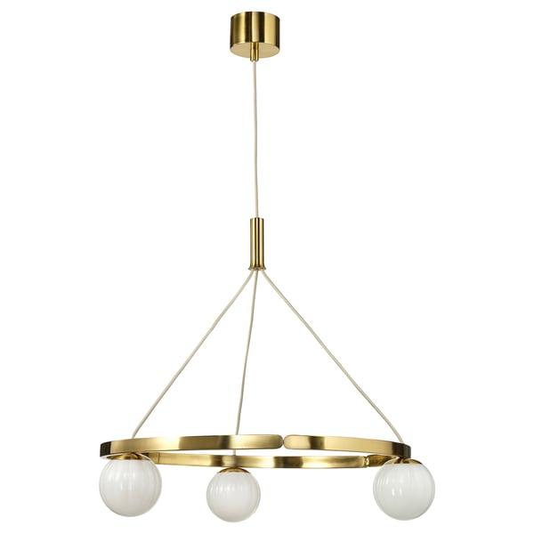 Suspension design dorée à trois globes en verre opale