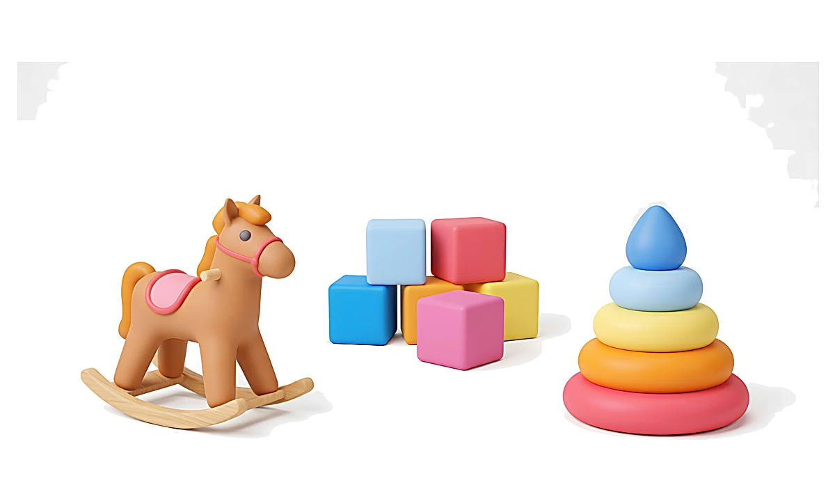 Jouets d'enfants : cheval à bascule, blocs et anneaux, fond blanc