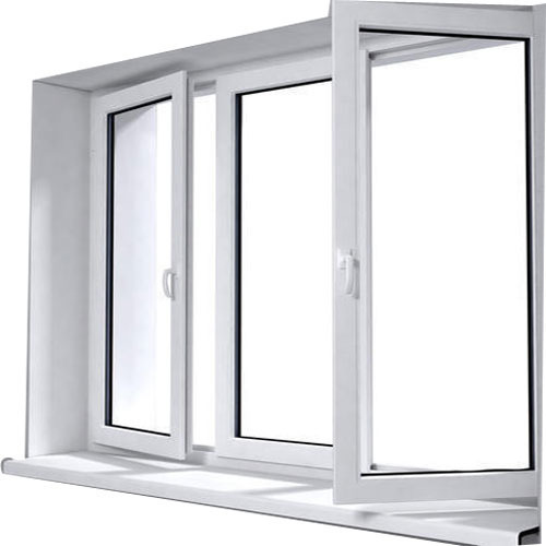 Fenêtre PVC à trois vantaux avec appui, fond blanc